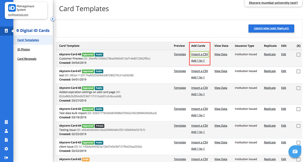 Add cards via CSV Add cards via CSV