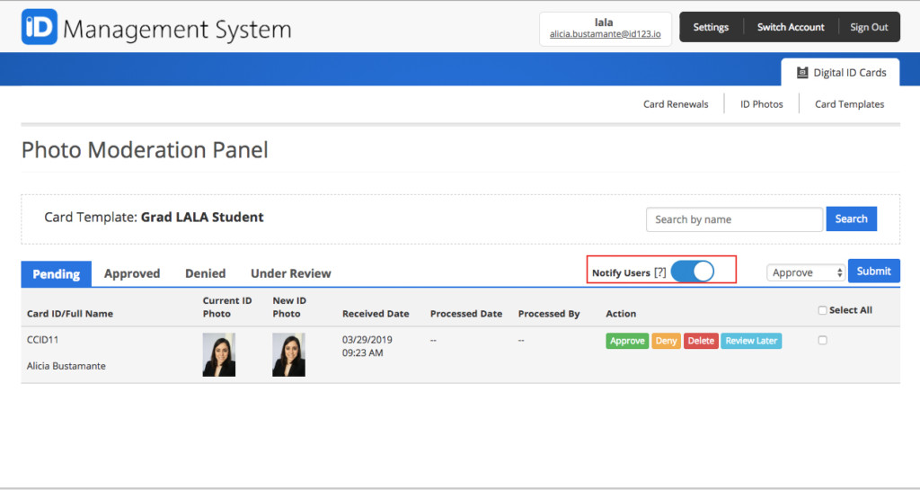 Notify Users Import card data